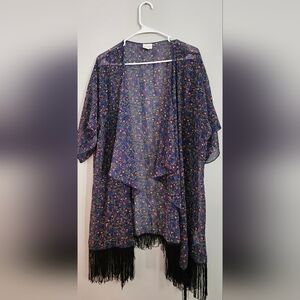 LuLaRoe Blue Floral Kimono with Black Fringe